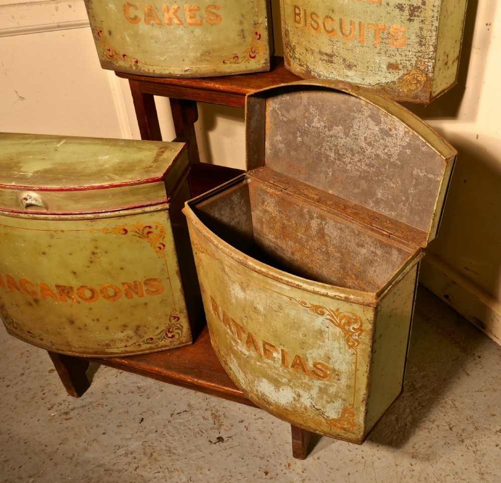 5 Large Victorian Baker’s Shop Tins, Toleware Biscuit Canisters View V