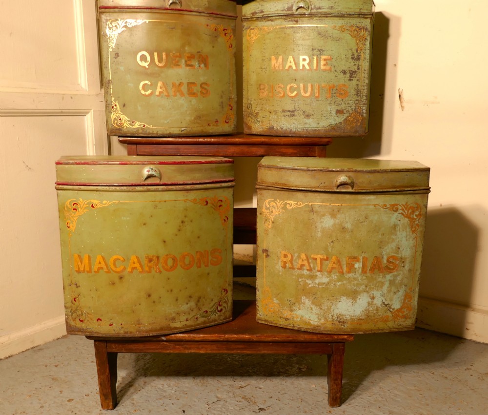 5 Large Victorian Baker’s Shop Tins, Toleware Biscuit Canisters View IX