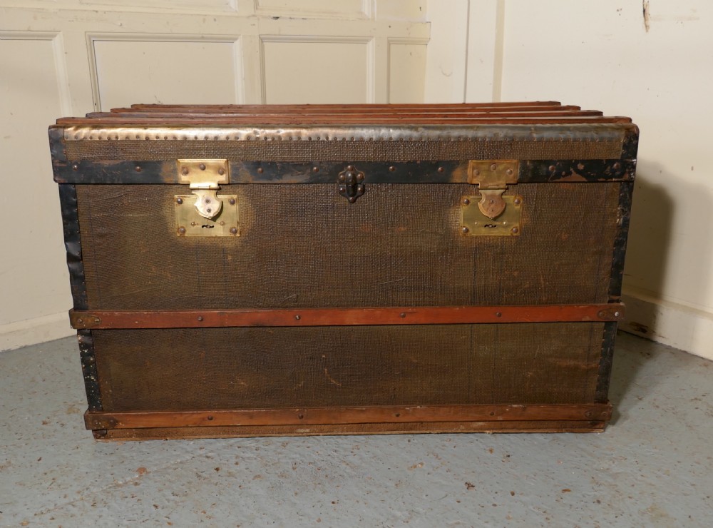 A Vintage Brass and Bound Canvas Travel Steamer Trunk View III