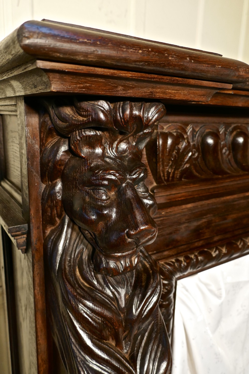 19th Century Gothic Lions Mask Carved Oak Fire Place View VIII