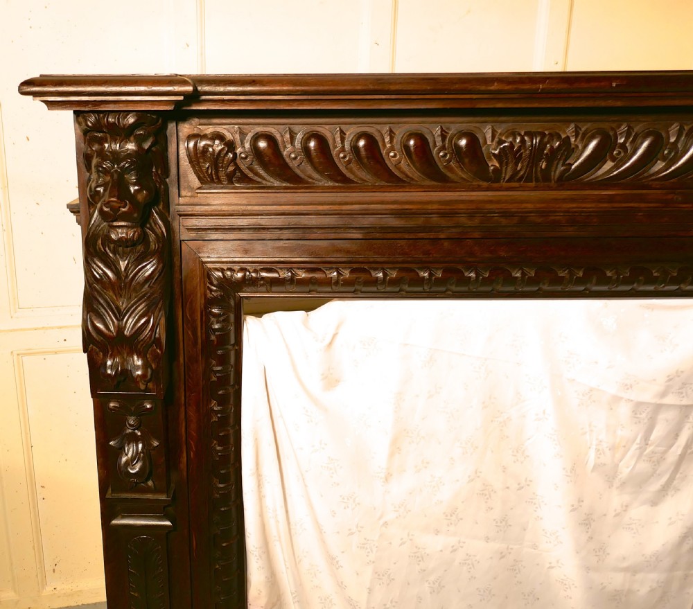 19th Century Gothic Lions Mask Carved Oak Fire Place View XII