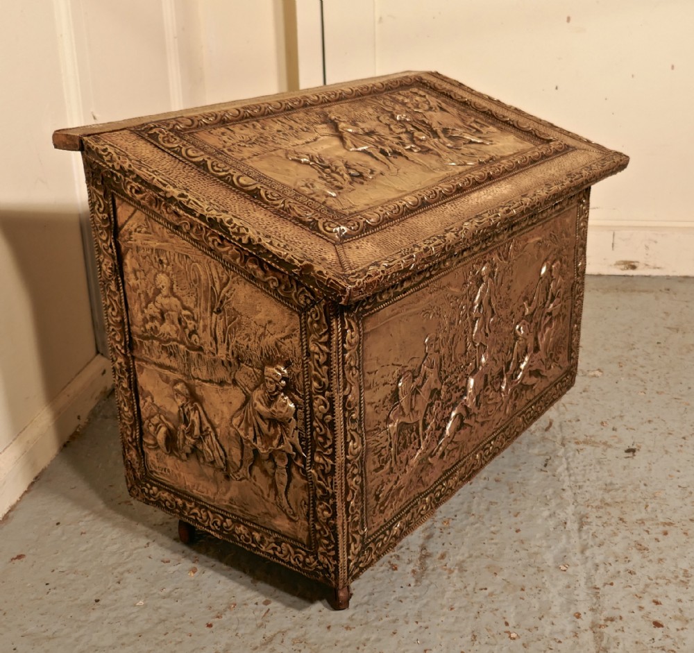 Large Embossed Brass Log Box, with Country Scenes 
