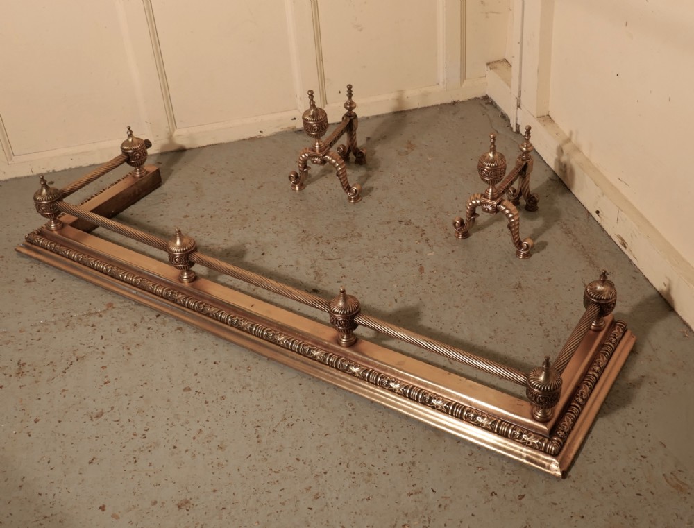 Large Heavy French Brass Fender and Andiron Set