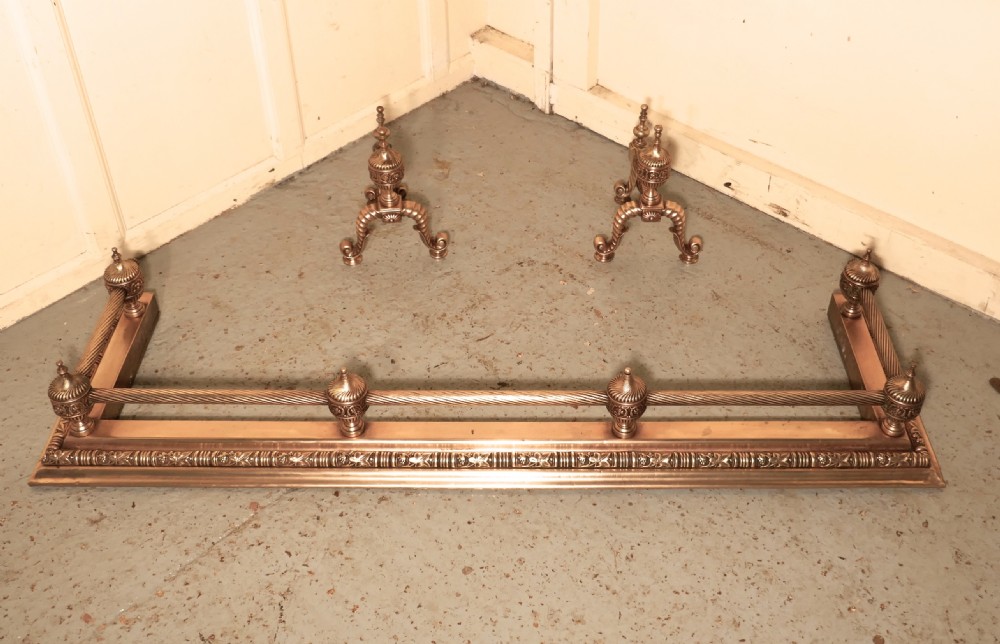 Large Heavy French Brass Fender and Andiron Set View VI