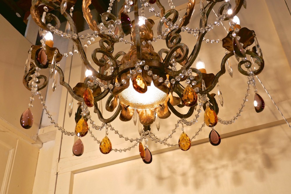 Very Large French Wrought Iron & Gilt 8 Branch Chandelier   View V