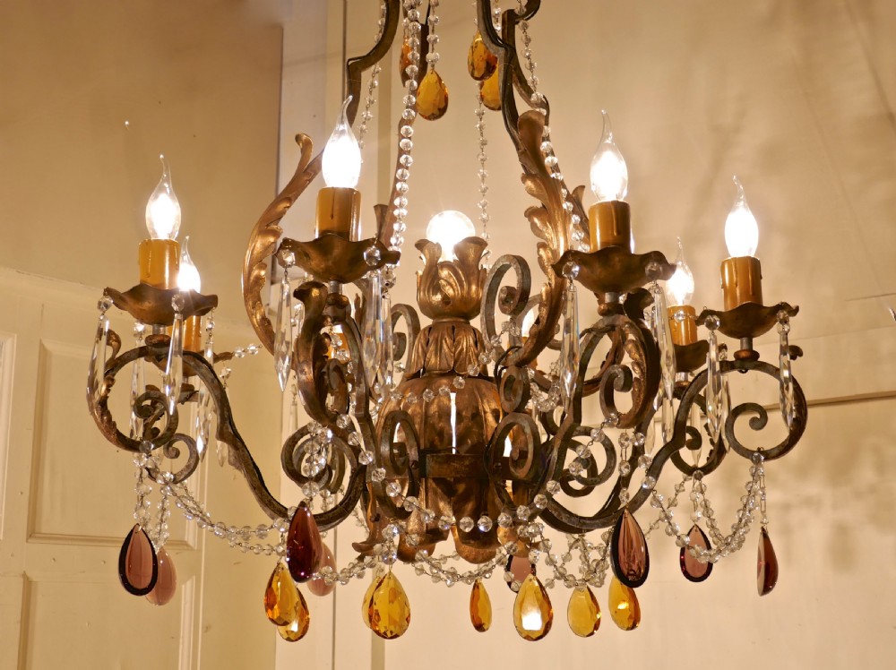 Very Large French Wrought Iron & Gilt 8 Branch Chandelier   View XIII