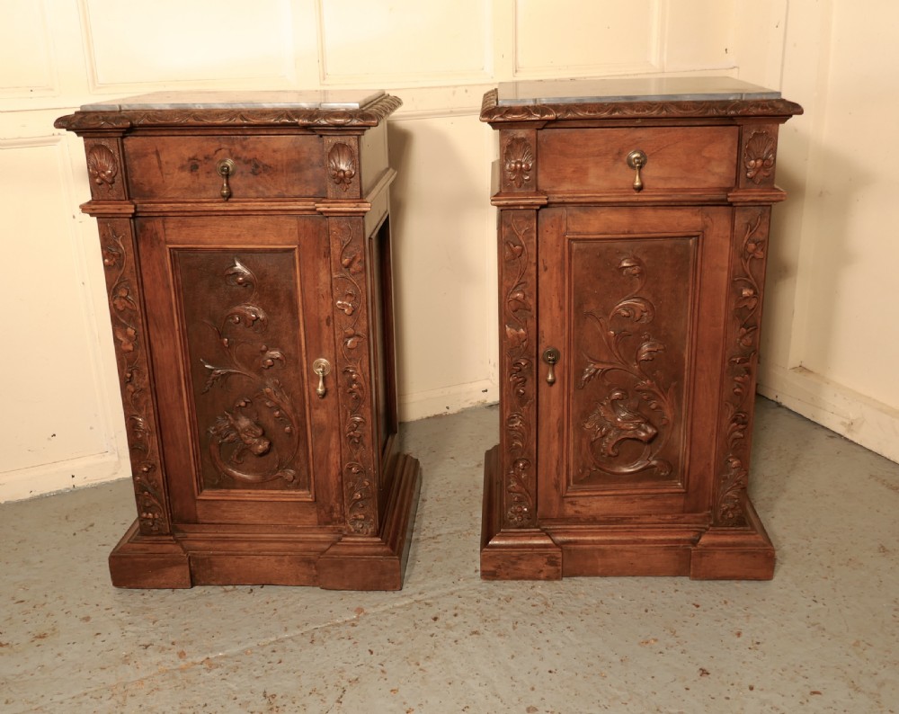 Pair of French Carved Gothic Golden Walnut Bedside Cupboards  