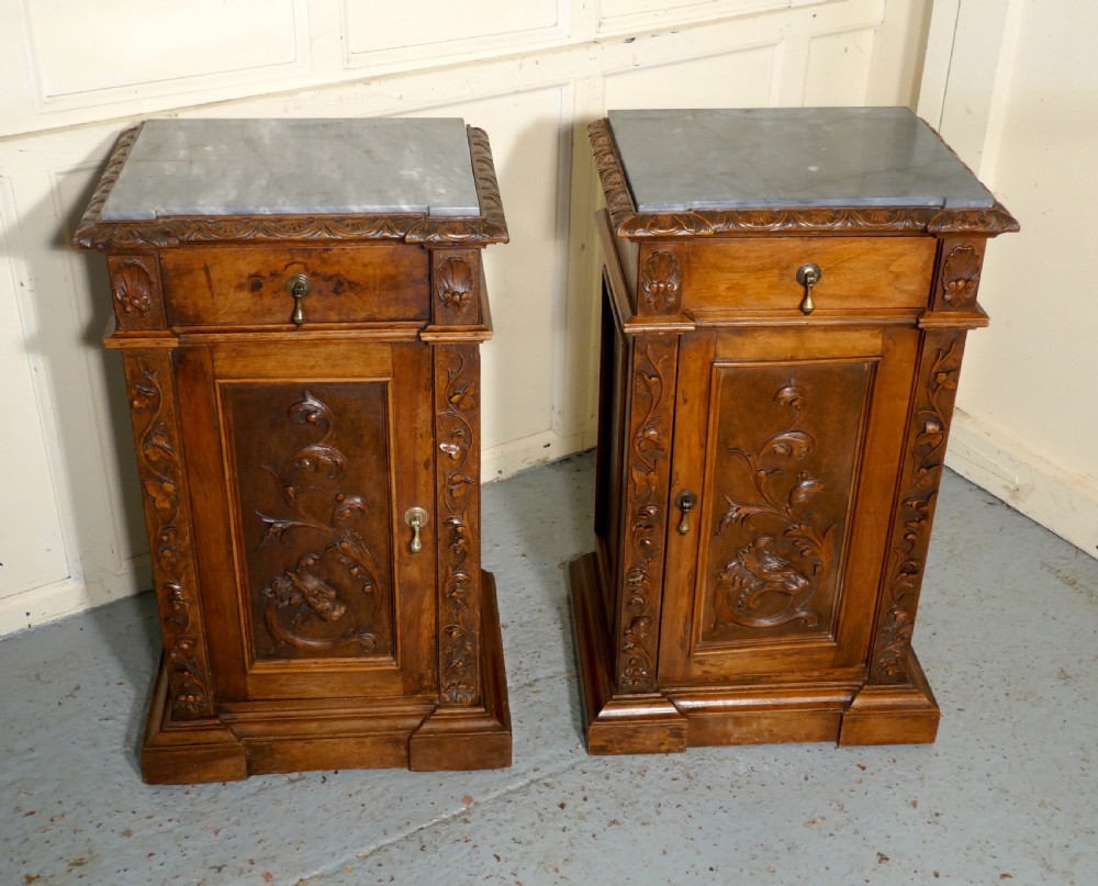 Pair of French Carved Gothic Golden Walnut Bedside Cupboards   View V