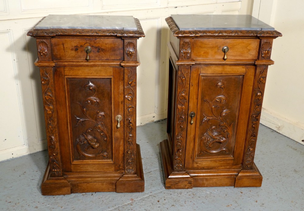 Pair of French Carved Gothic Golden Walnut Bedside Cupboards   View VI