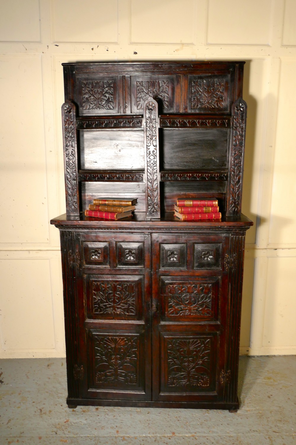 17th Century Antique Housekeepers Oak Bookshelf Cupboard View VI