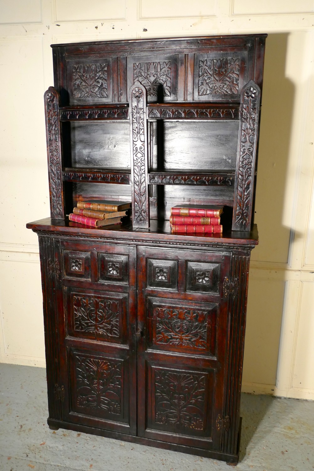 17th Century Antique Housekeepers Oak Bookshelf Cupboard View VII