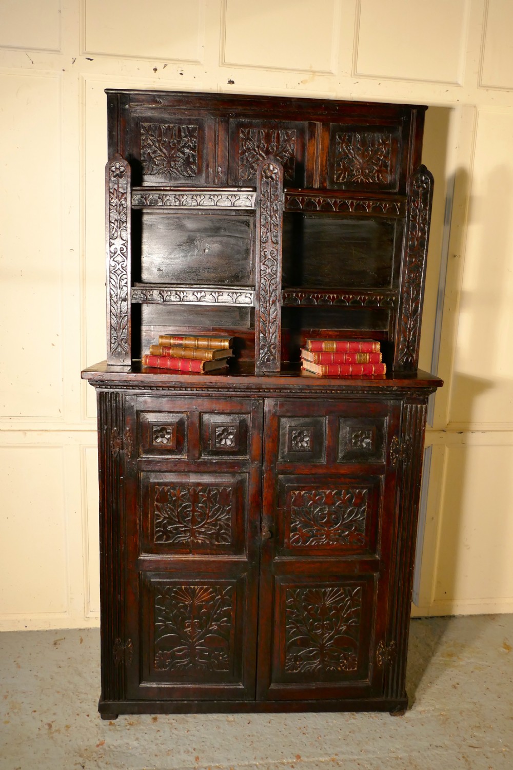17th Century Antique Housekeepers Oak Bookshelf Cupboard View VIII