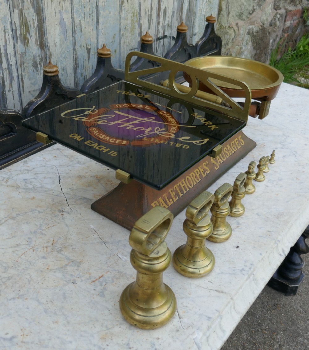 Palethorpes’ Sausage Scales, Victorian Butchers Balance Scales, with Brass Bell Weights