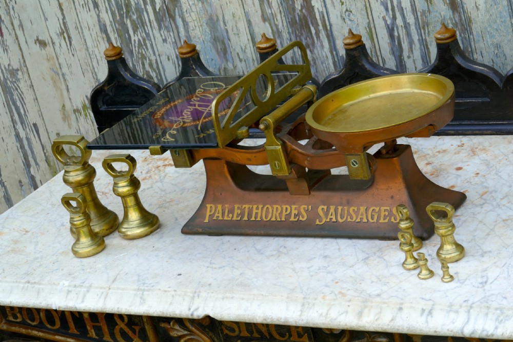Palethorpes’ Sausage Scales, Victorian Butchers Balance Scales, with Brass Bell Weights View V
