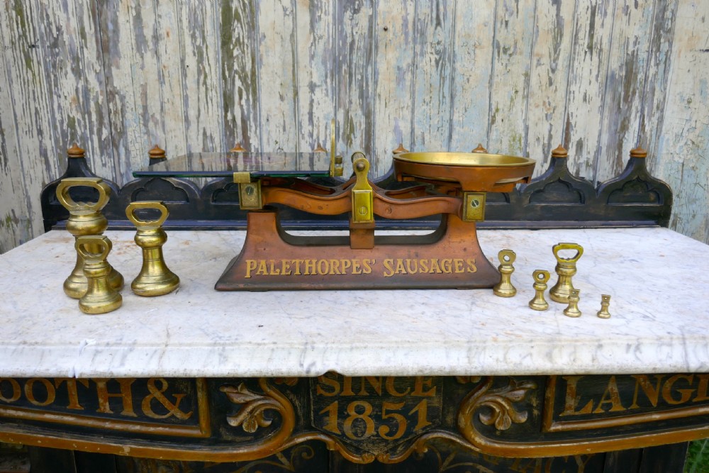 Palethorpes’ Sausage Scales, Victorian Butchers Balance Scales, with Brass Bell Weights View VI