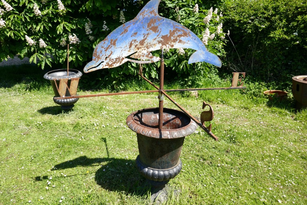 Large Folk Art Cut Metal Old Blue Dolphin Weather Vane158