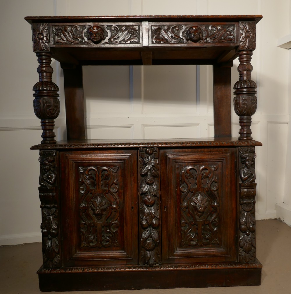 Small Gothic Carved Oak Green Man Buffet with Cupboard. 