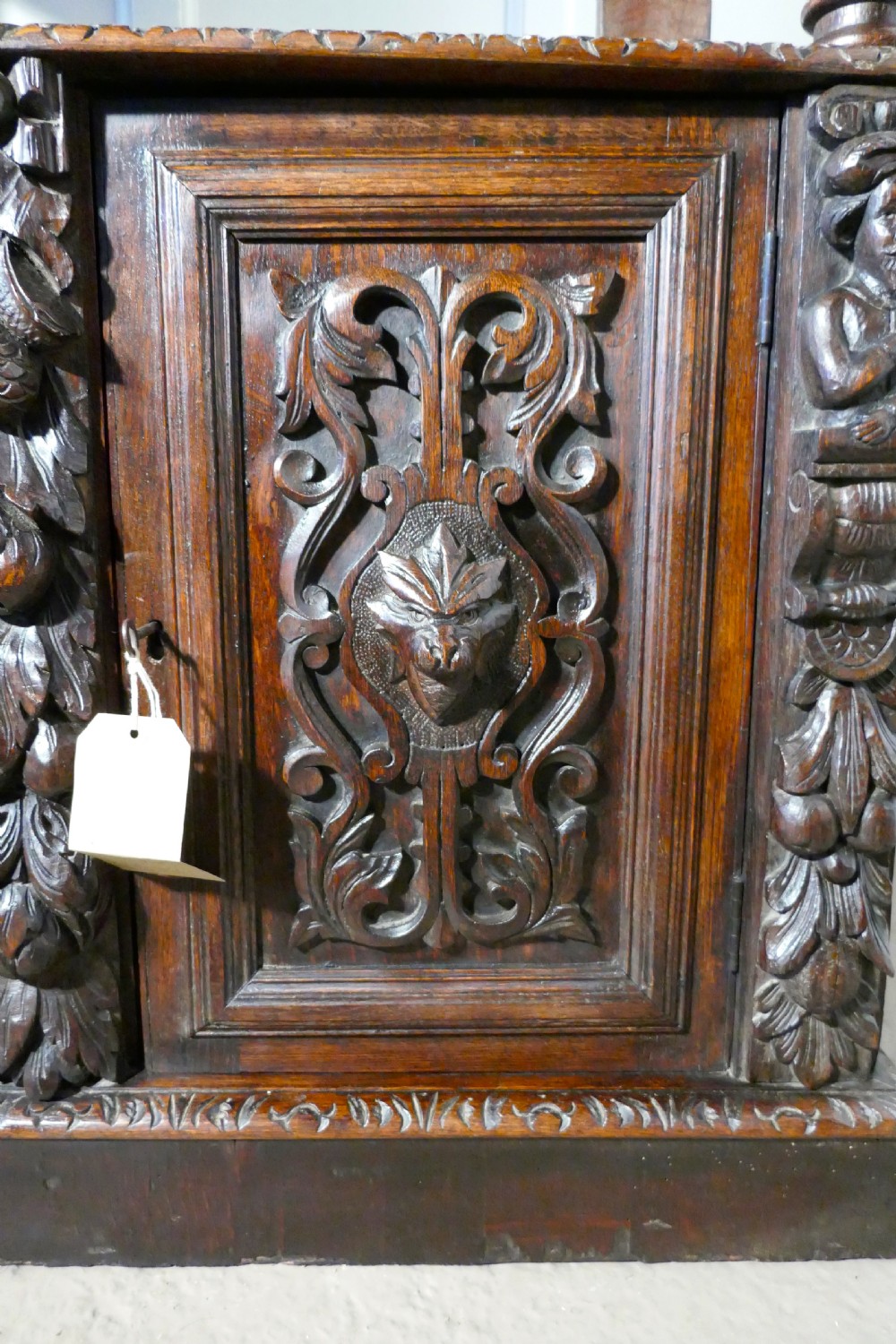 Small Gothic Carved Oak Green Man Buffet with Cupboard.  View VII