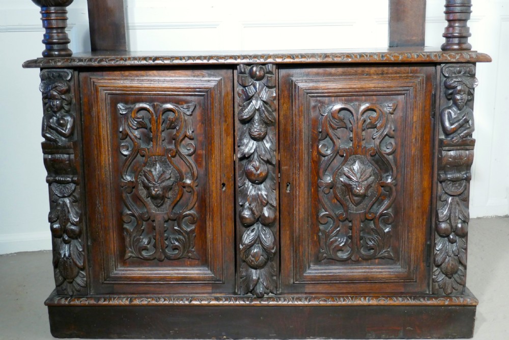 Small Gothic Carved Oak Green Man Buffet with Cupboard.  View IX