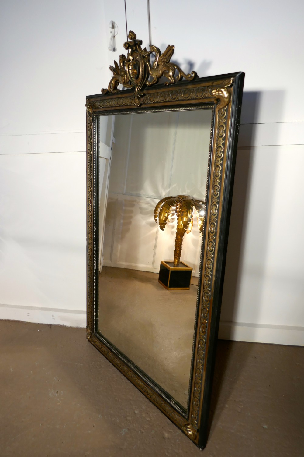 Large French Ebonised, Brass and Gilt Wall Mirror, Dragons and Crest  View II