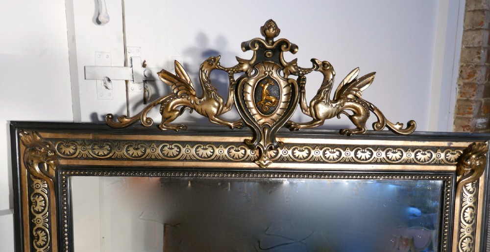 Large French Ebonised, Brass and Gilt Wall Mirror, Dragons and Crest  View VI