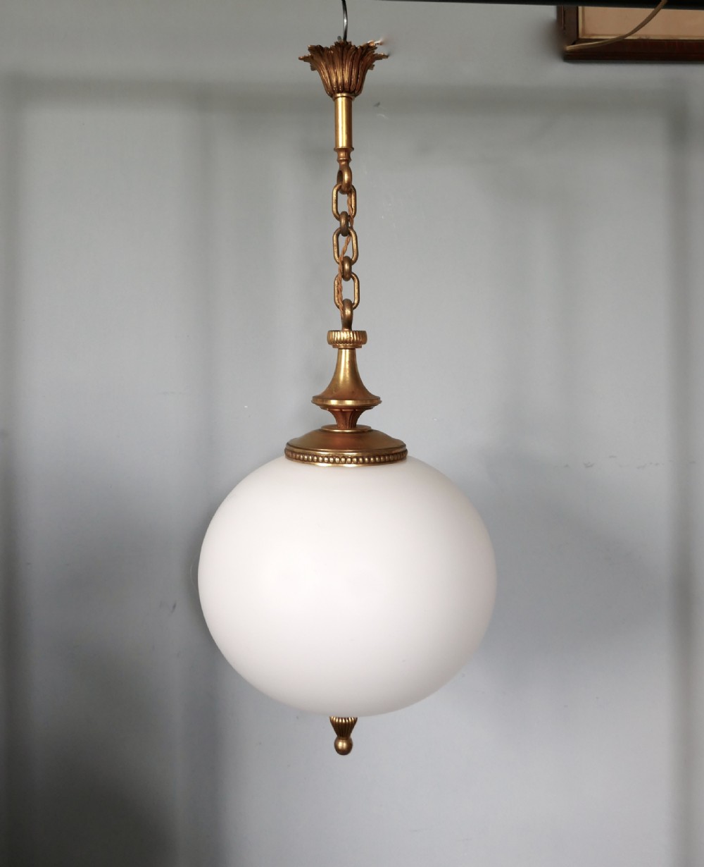 Large French Art Deco Globe Opaline Glass Hanging Pendant Light