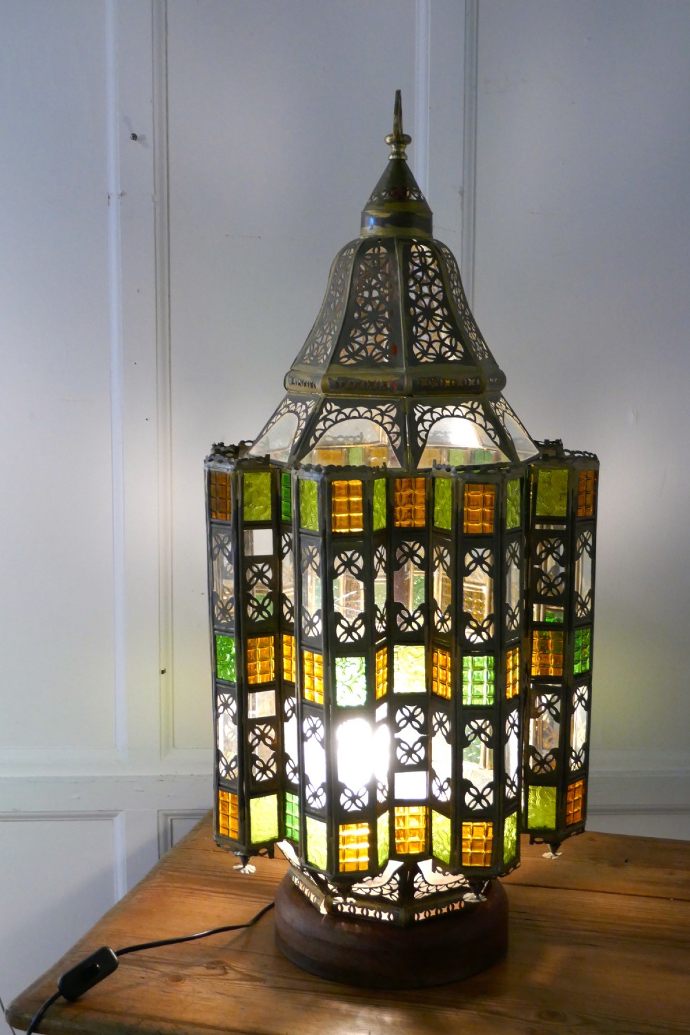 Tall North African Stained Glass and Brass Table Lantern View VI