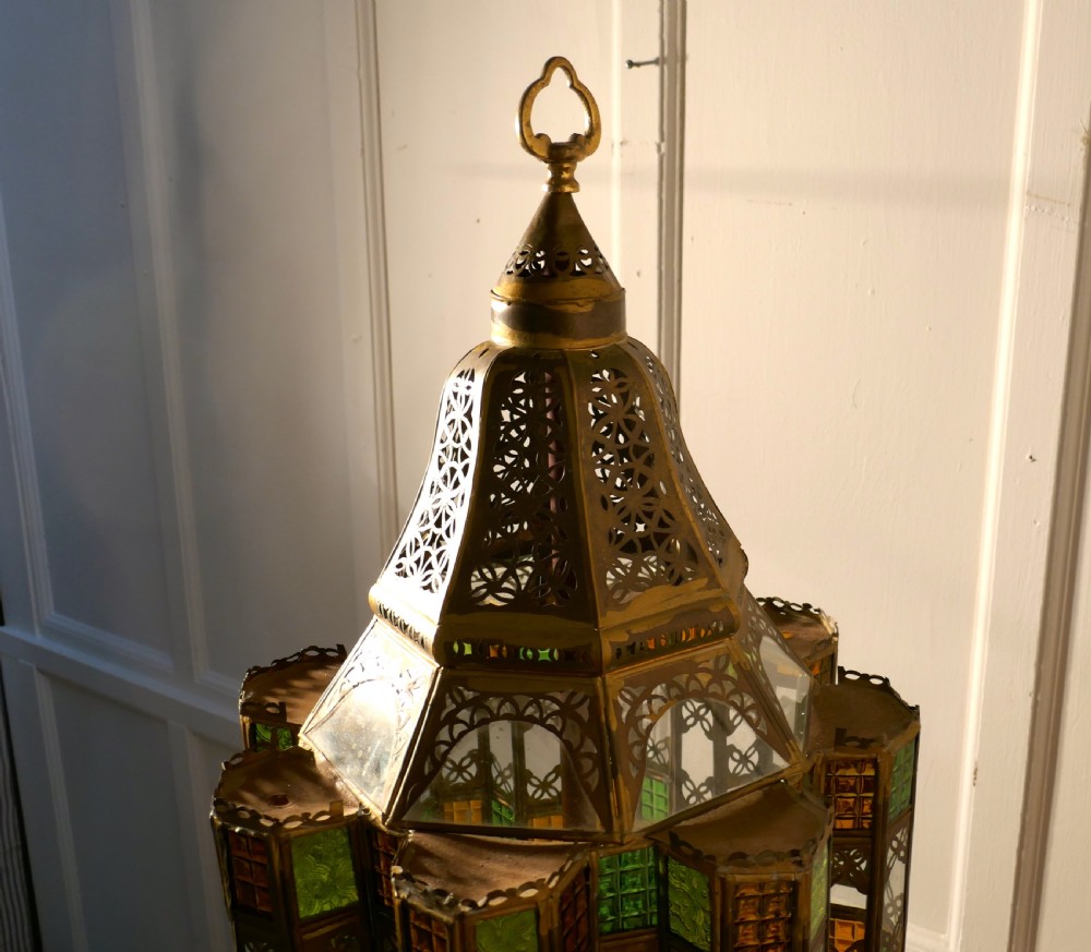 Tall North African Stained Glass and Brass Table Lantern View VII
