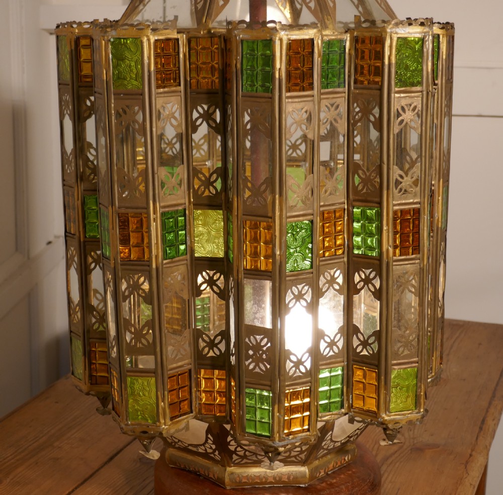 Tall North African Stained Glass and Brass Table Lantern View IX