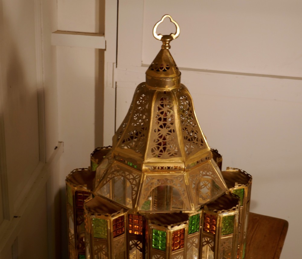 Tall North African Stained Glass and Brass Table Lantern View XI