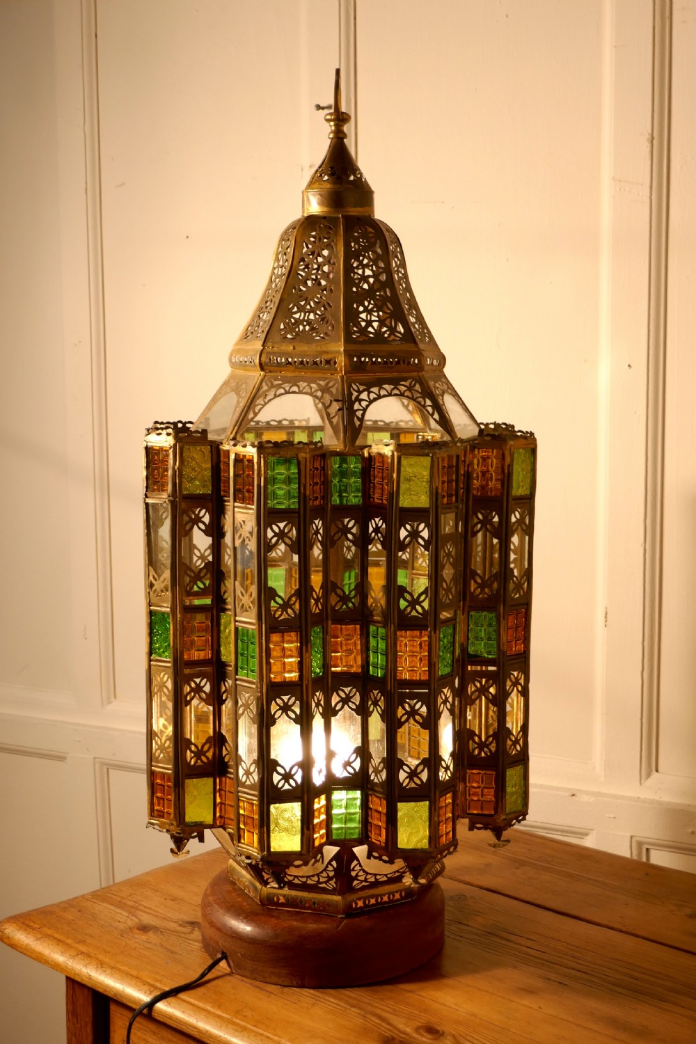 Tall North African Stained Glass and Brass Table Lantern View XIII