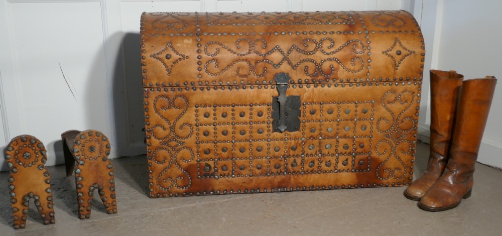 Spanish Dome Top Leather Brass Studded Marriage Chest   View II