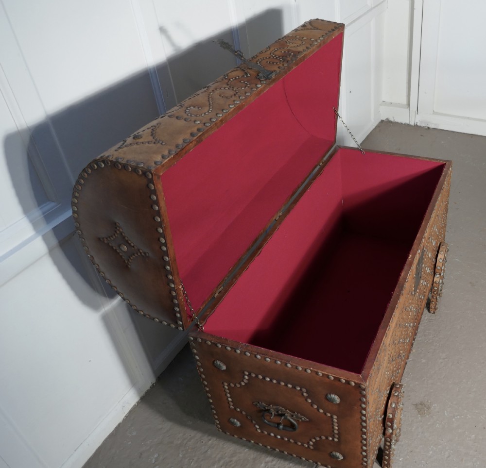 Spanish Dome Top Leather Brass Studded Marriage Chest   View VIII