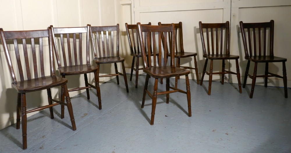 Set of 8 19th Century Traditional Slat Back Farmhouse Kitchen Chairs