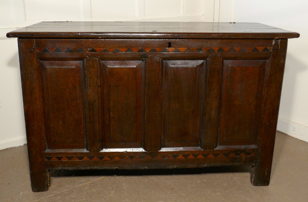 A Large 17th Century Inlaid Panelled Oak Coffer