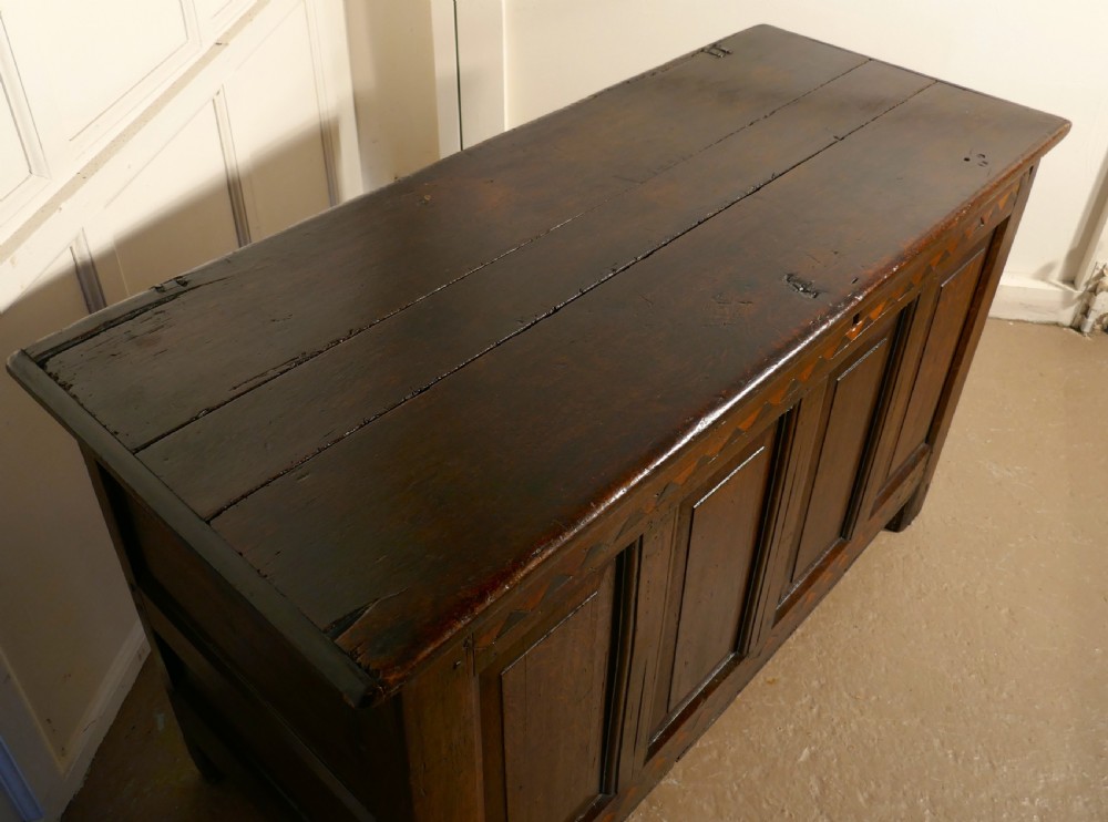 A Large 17th Century Inlaid Panelled Oak Coffer View IV