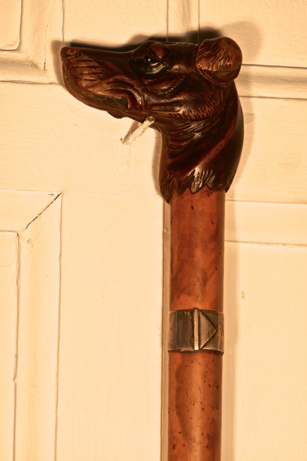 Malacca Cane with Carved Dog Head and Silver Collar
