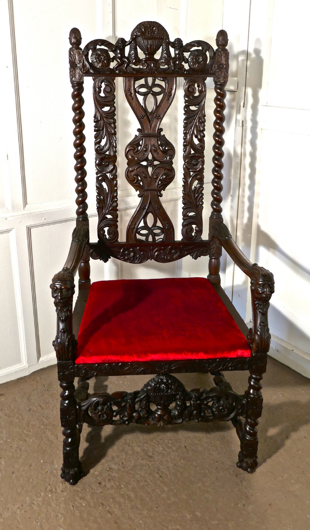 French 19th Century Carved Walnut Throne or Hall Chair