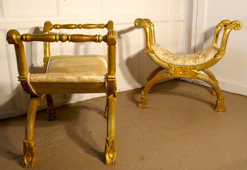 Pair of 19th Century Empire Style Gilt X Frame Stools View III