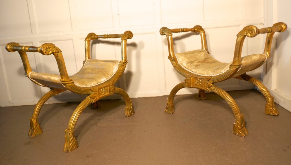 Pair of 19th Century Empire Style Gilt X Frame Stools View V