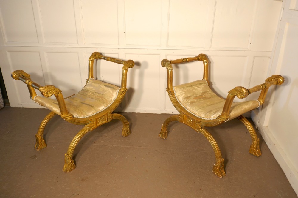 Pair of 19th Century Empire Style Gilt X Frame Stools View VI