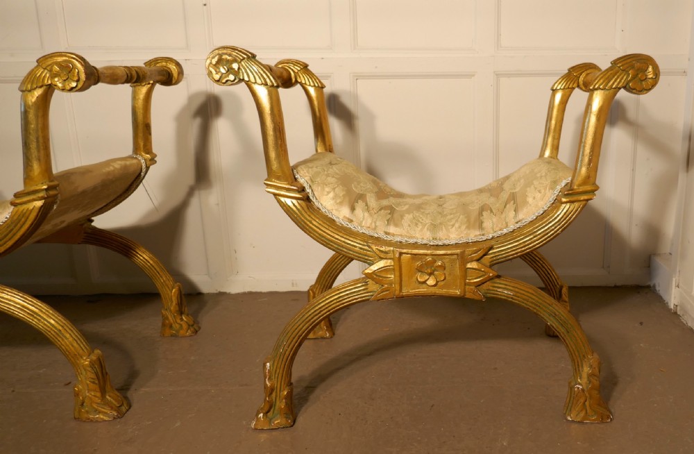 Pair of 19th Century Empire Style Gilt X Frame Stools View X