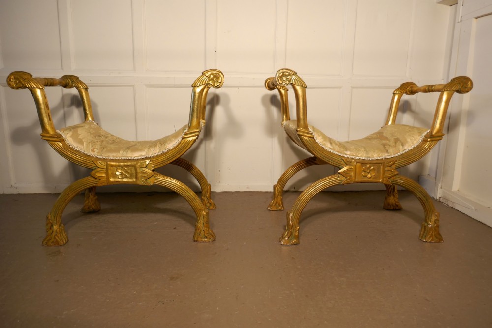 Pair of 19th Century Empire Style Gilt X Frame Stools View XI