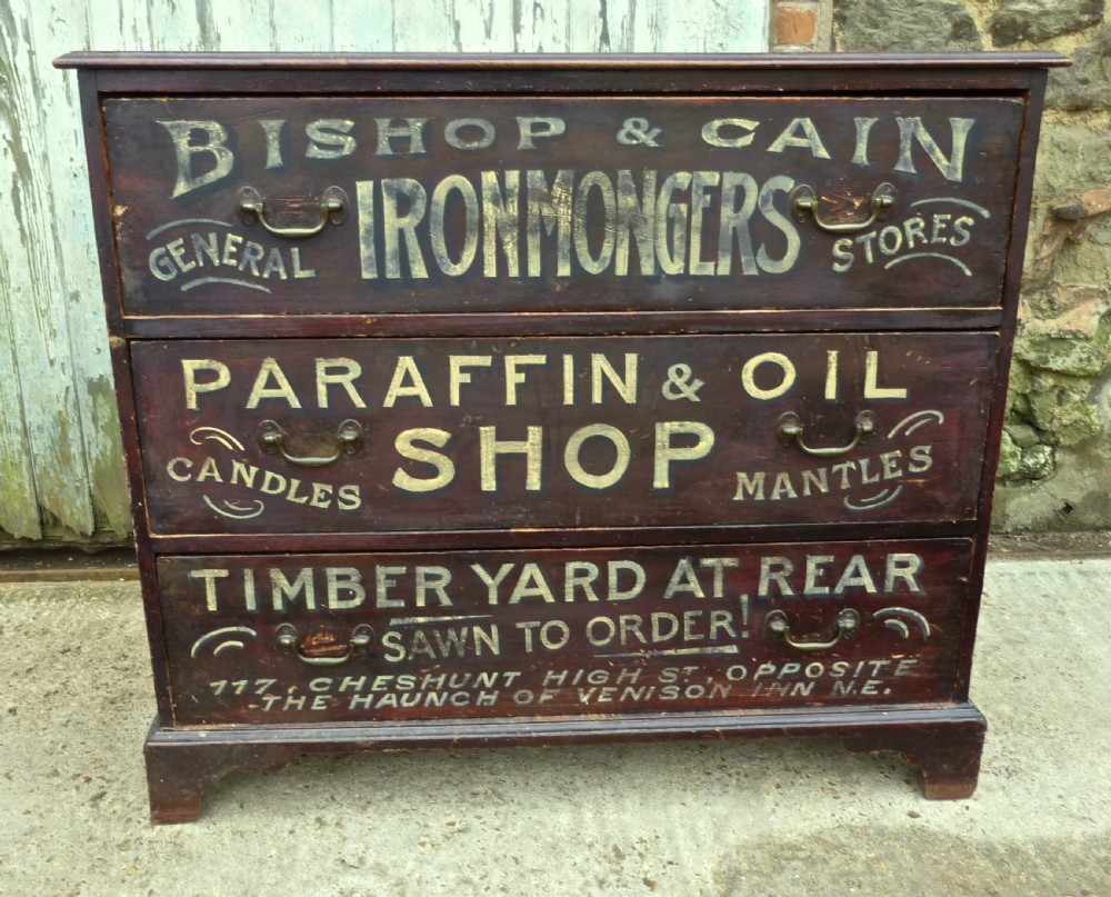 Painted Pine Chest of Drawers, Advertising Bishop and Cain Ironmongers, Chestnut 