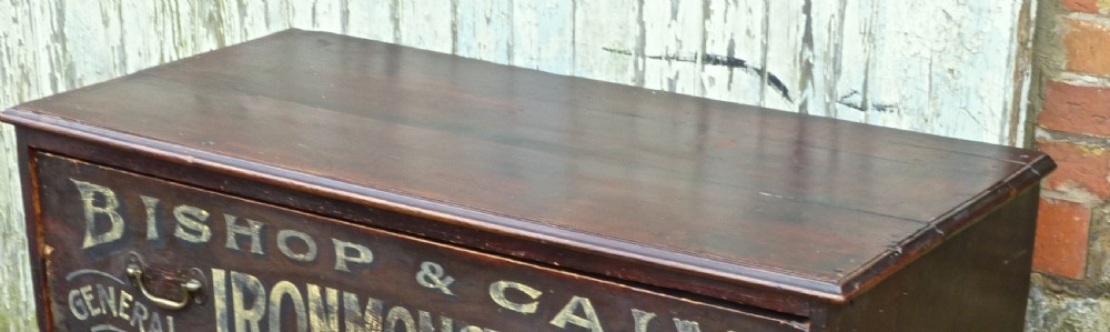 Painted Pine Chest of Drawers, Advertising Bishop and Cain Ironmongers, Chestnut  View II