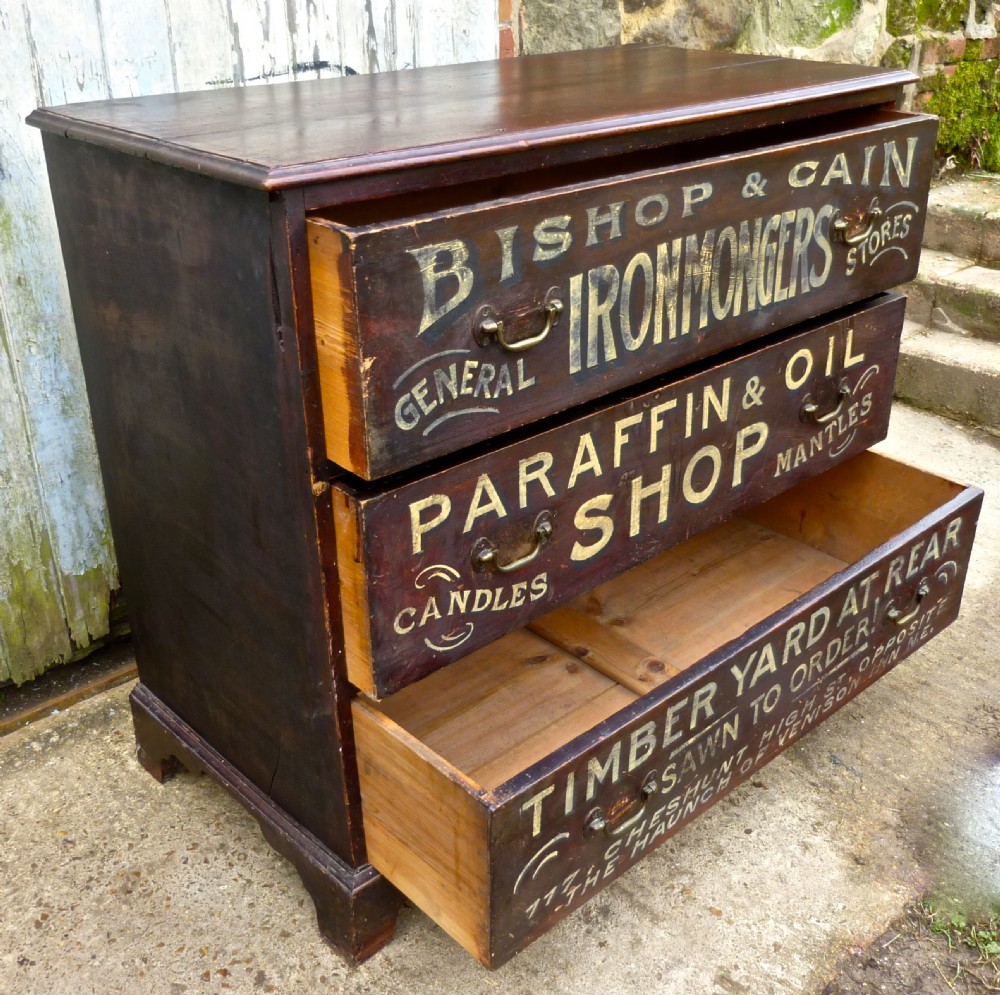 Painted Pine Chest of Drawers, Advertising Bishop and Cain Ironmongers, Chestnut  View III
