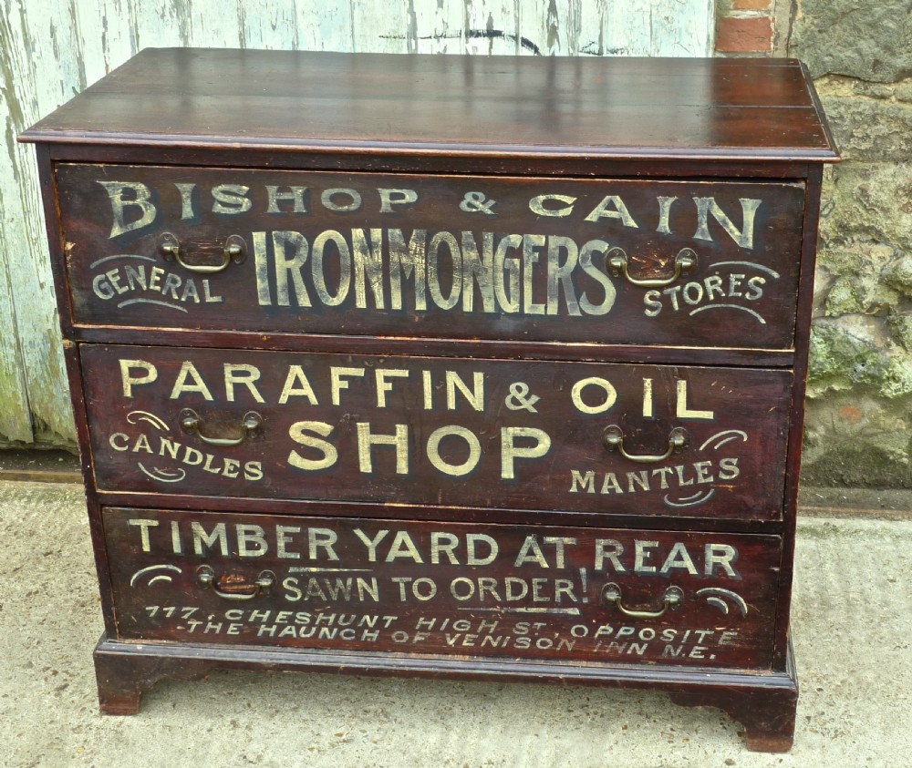 Painted Pine Chest of Drawers, Advertising Bishop and Cain Ironmongers, Chestnut  View IV