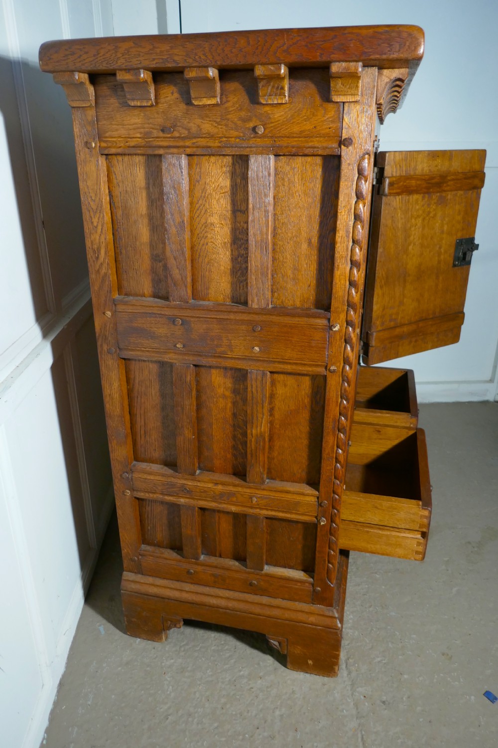 French Arts and Crafts Gothic Carved Golden Oak Cupboard  View II