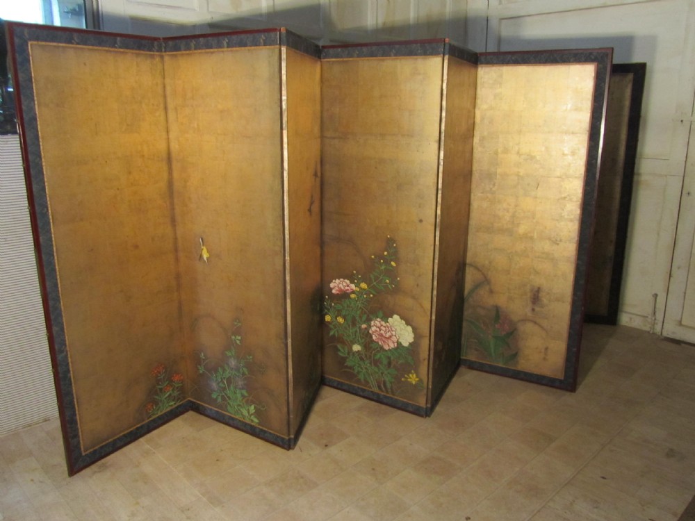 Pair of Gold and Painted Japanese 6 Fold Screens, (Byobu) Edo Period 