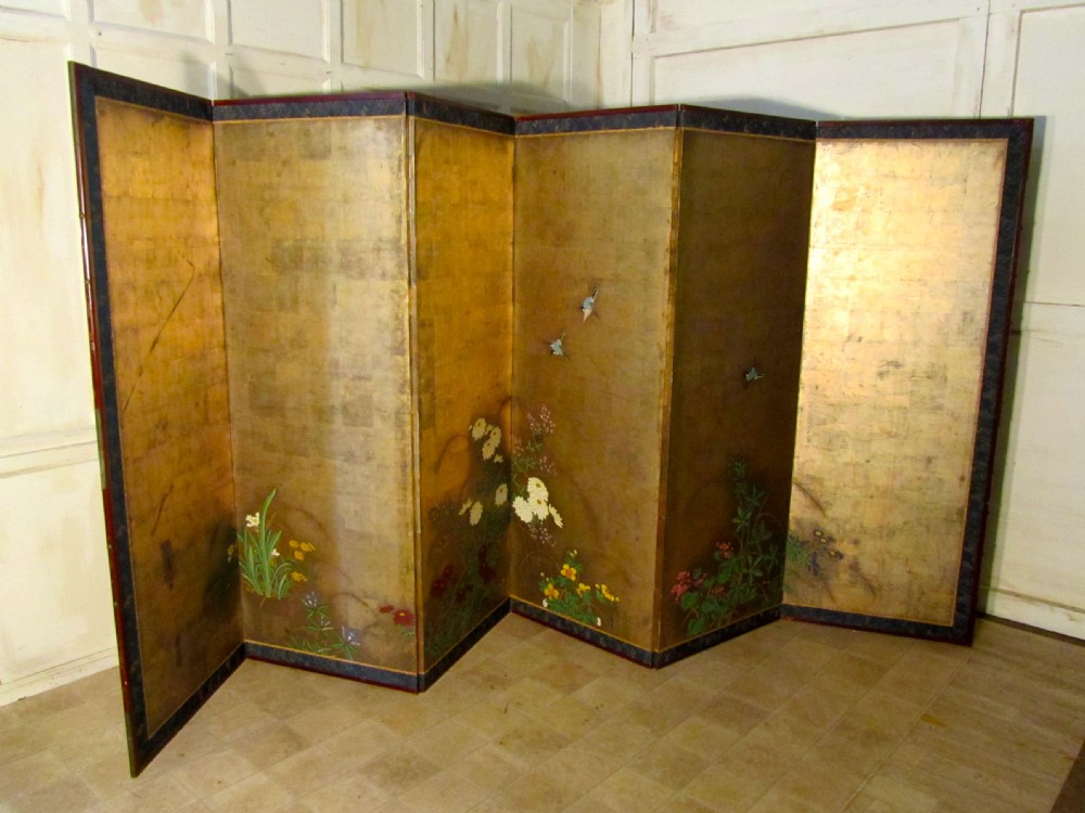 Pair of Gold and Painted Japanese 6 Fold Screens, (Byobu) Edo Period  View IV